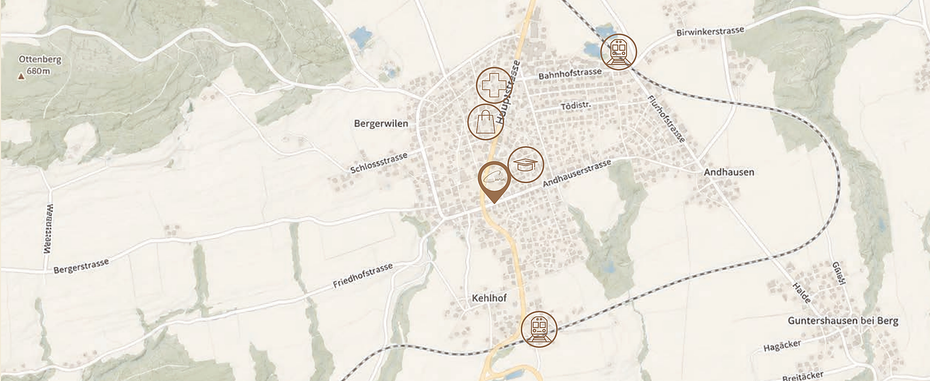 Lage CURIA, Berg TG &ndash; Umgebung mit Schule, Einkauf, Bahnhof und Standort